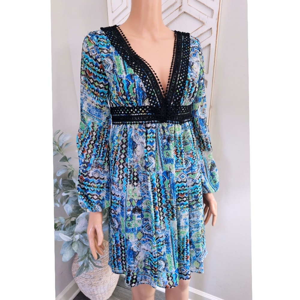 Betsy Johnson Blue Gypset Black Crochet Trim V-neck Long Slit Sleeves Mini Dress